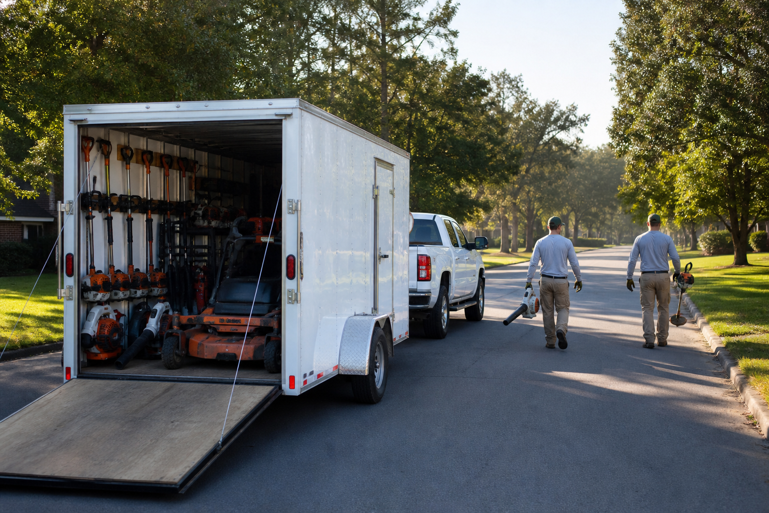 LT Lawns & Landscaping crew truck and equipment on a job in Overland Park, Kansas