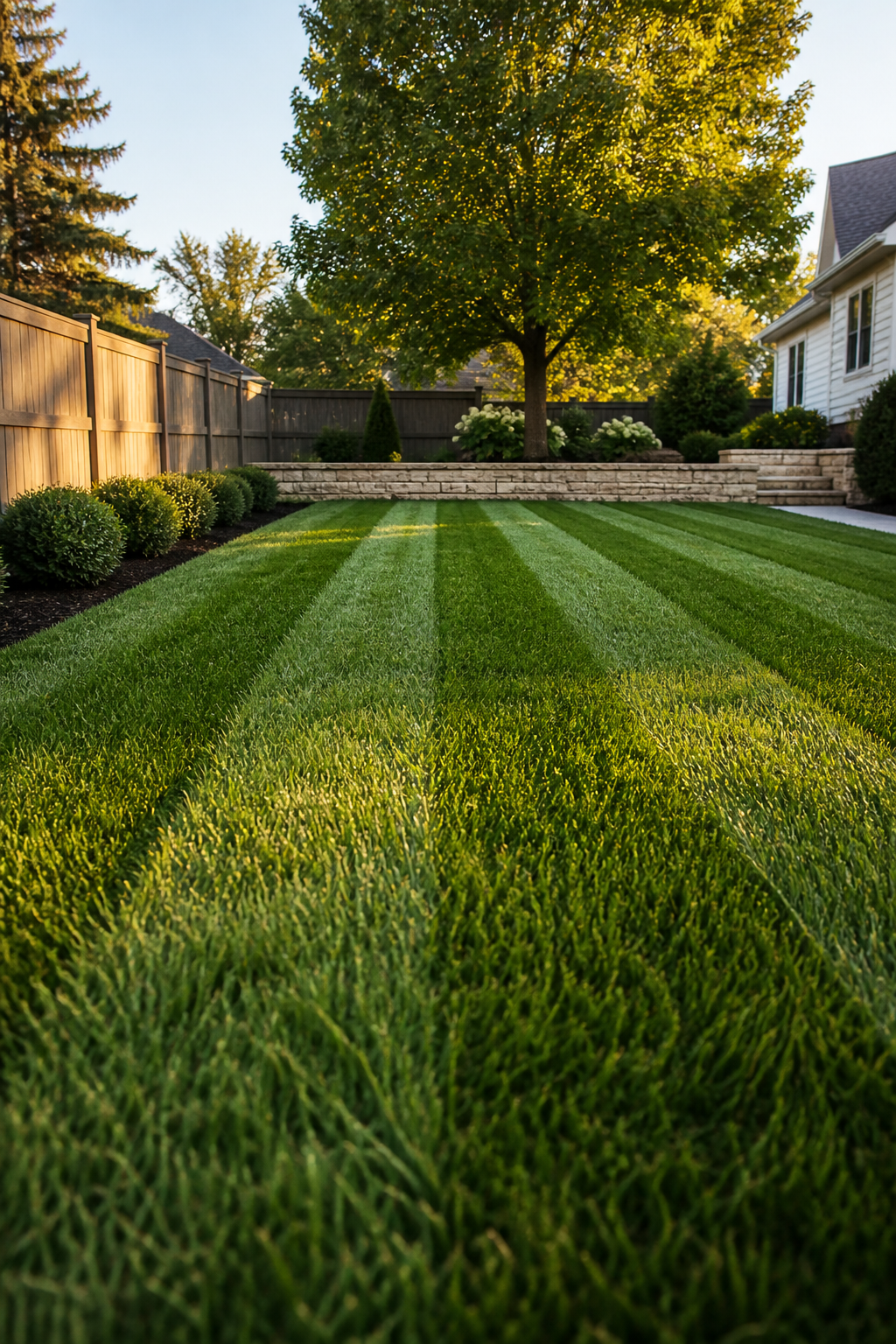 Freshly mowed and landscaped backyard in Overland Park, Kansas